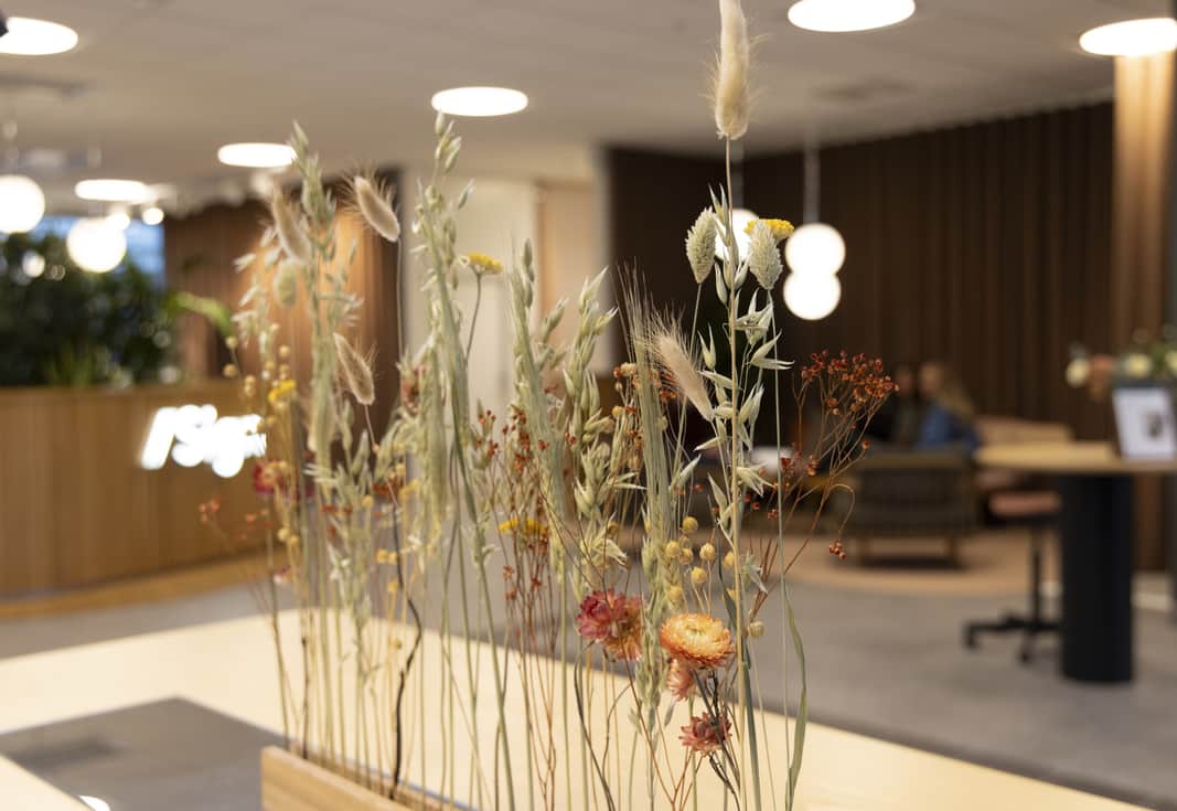 Torkade blommor som är nedstuckna i en avlång träbit