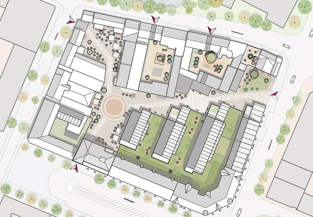 Skissbild av gata med fastigheter.