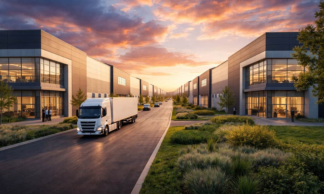 Gata med lastbilar utanför lagerlokal