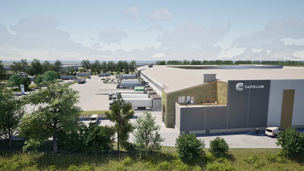 Visionsbild av fastigheten med solceller på taket.