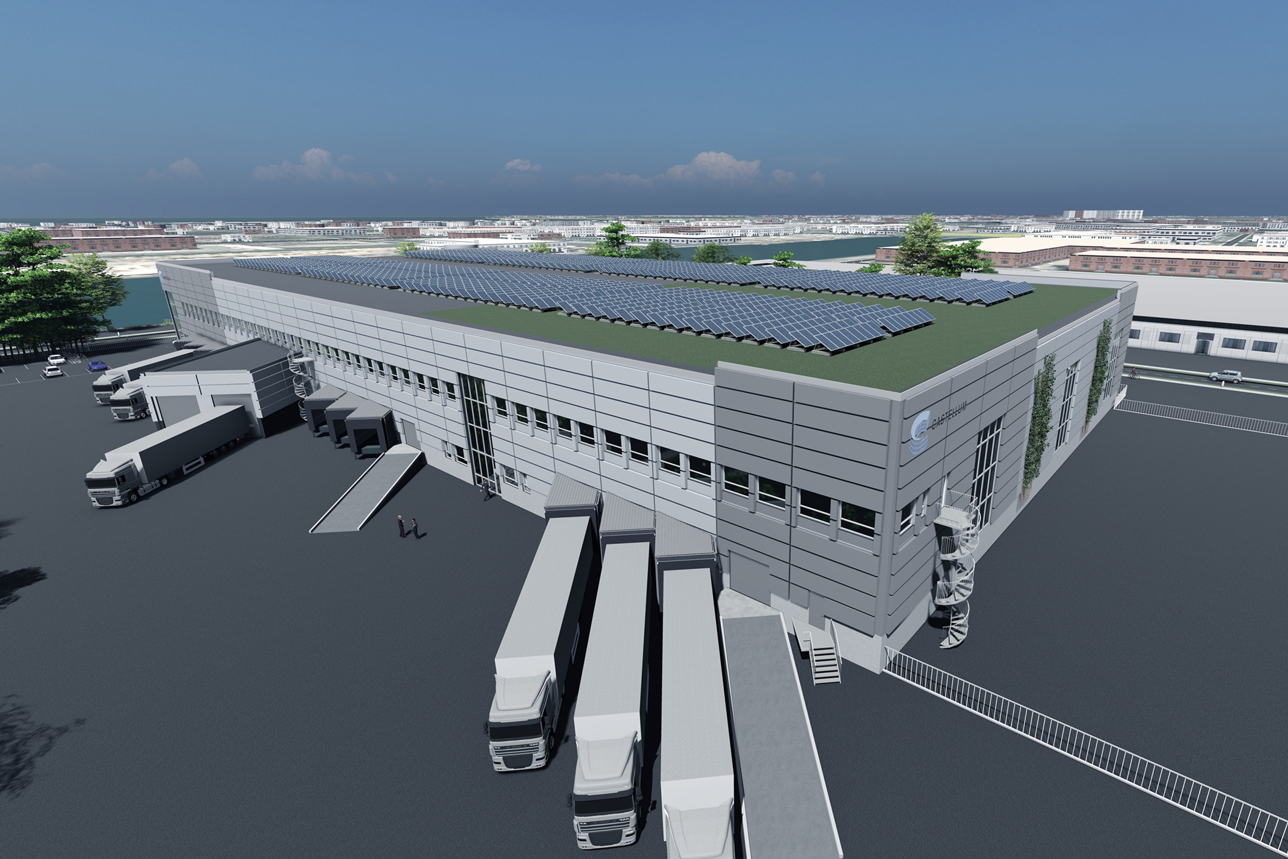 Visionsbild av fastigheten med solceller på taket.