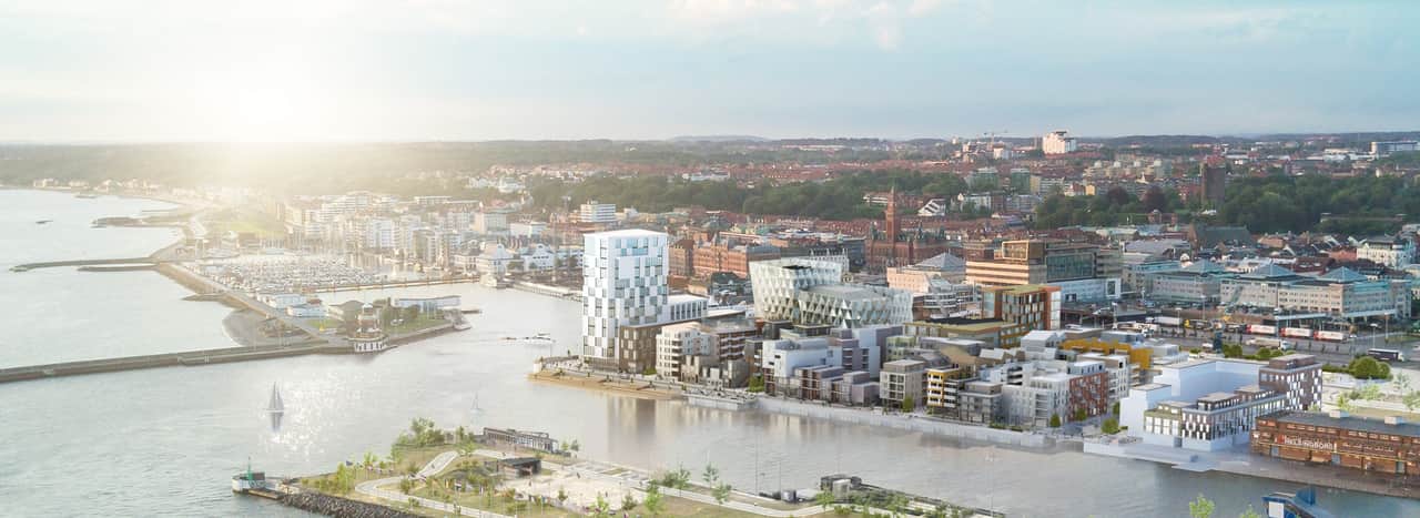 Drönarbild över Helsingborg och hamnen.