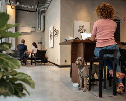 Tre personer i ett mötesrum.