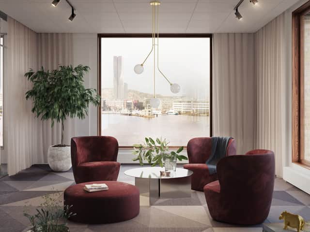 Visionsbild av fönster med utsikt mot vattnet.