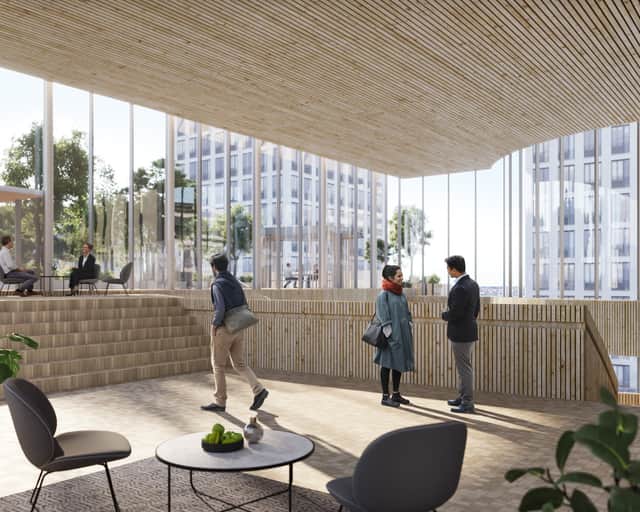 Visionsbild av interiör vid takterrassen.