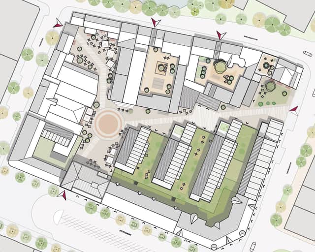 Skissbild av gata med fastigheter.