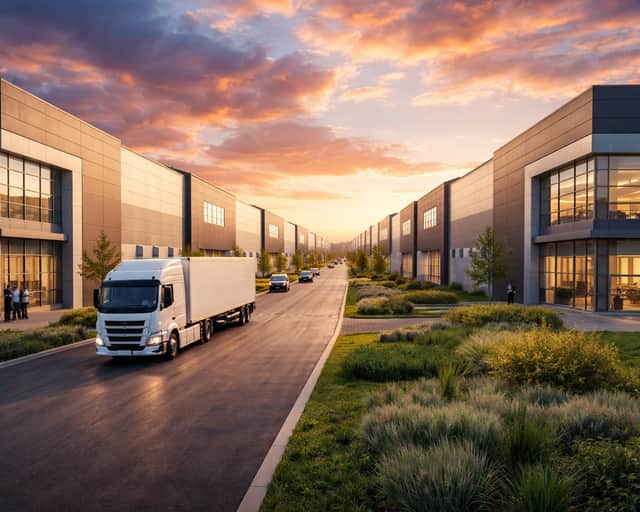 Gata med lastbilar utanför lagerlokal