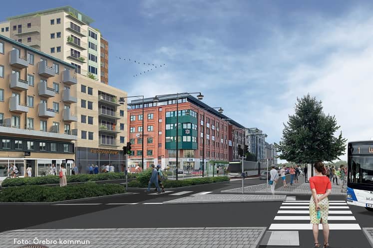 Visionsbild över hur gångbanor och grönska kommer att följa nya gatan