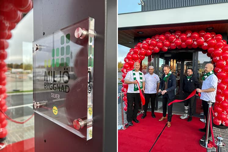 Kollage från invigning samt skylt med Miljöbyggnad.