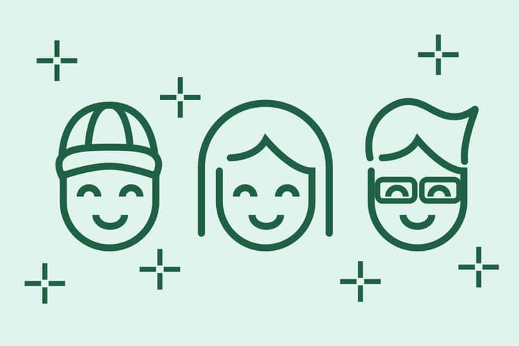 Illustration av tre glada ansikten.