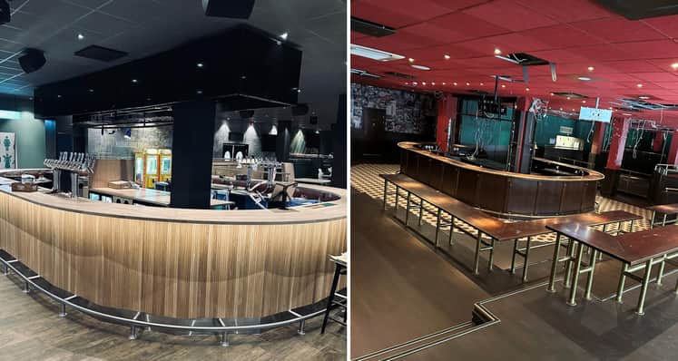 Två bilder på baren i Oleary´s lokaler, en är innan renoveringen och sen efter renoveringen