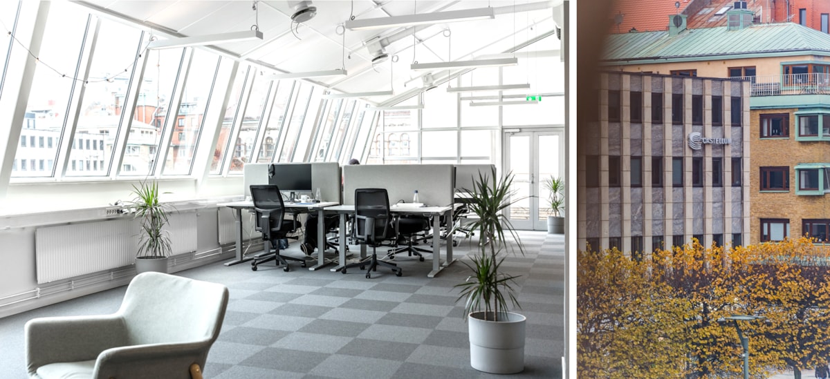 Kollage med interi&ouml;r och exteri&ouml;r.